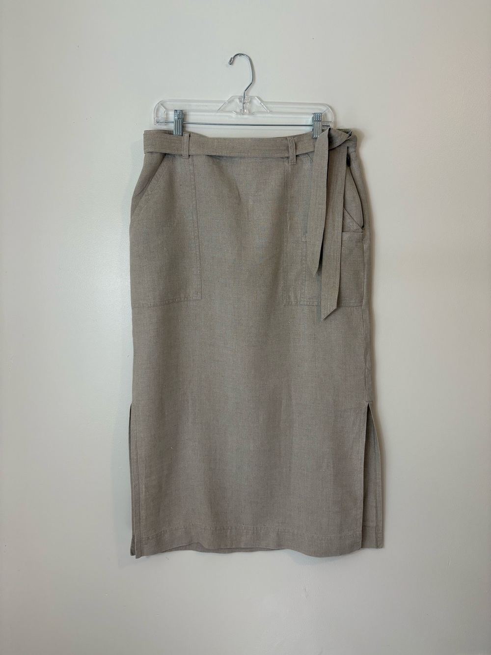 Orvis 100% Linen Utility Midi Skirt Belted Neutral SZ 14